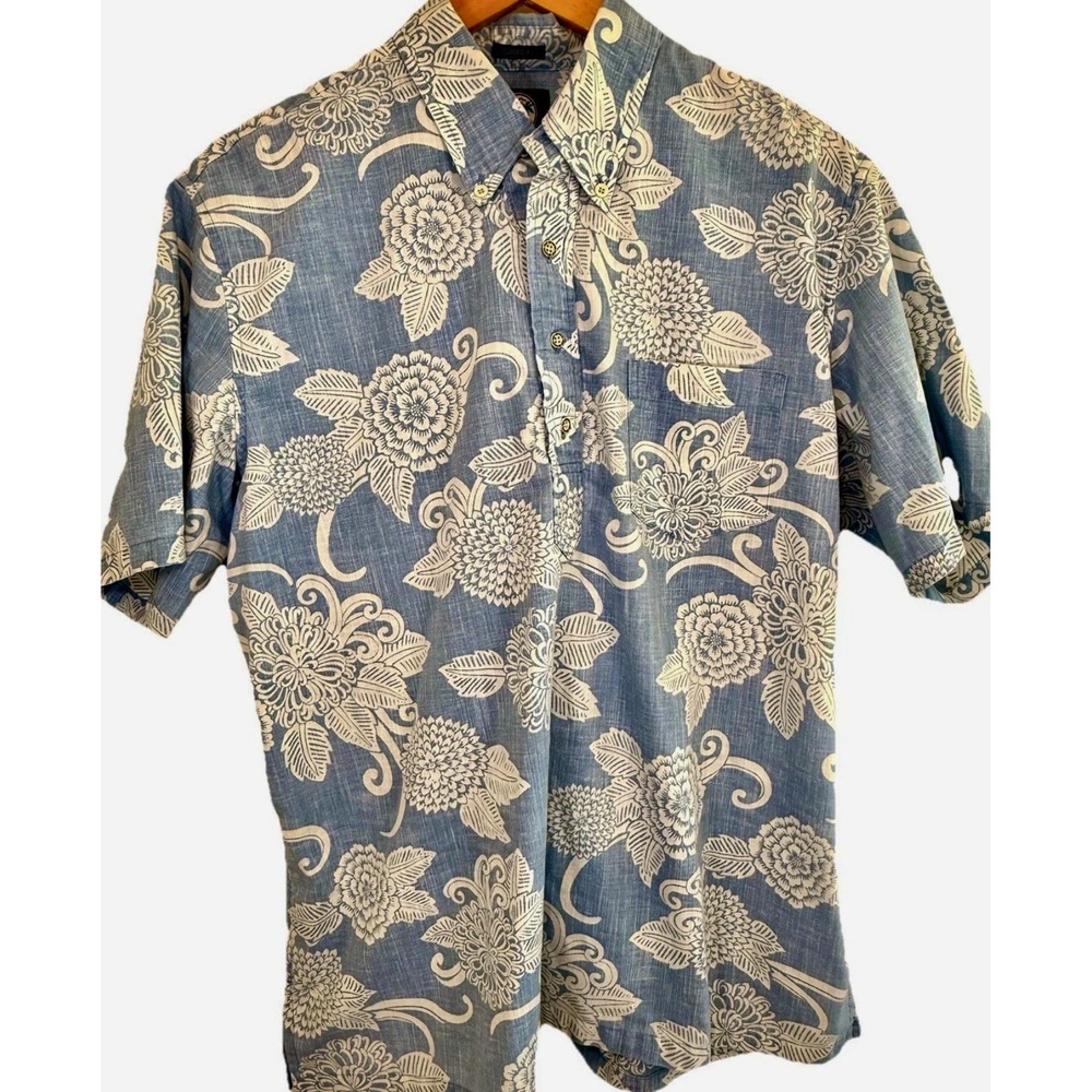 Reyn Spooner Shirt Mens L Blue Chambray Classic Fit Short Sleeve Hawaiian